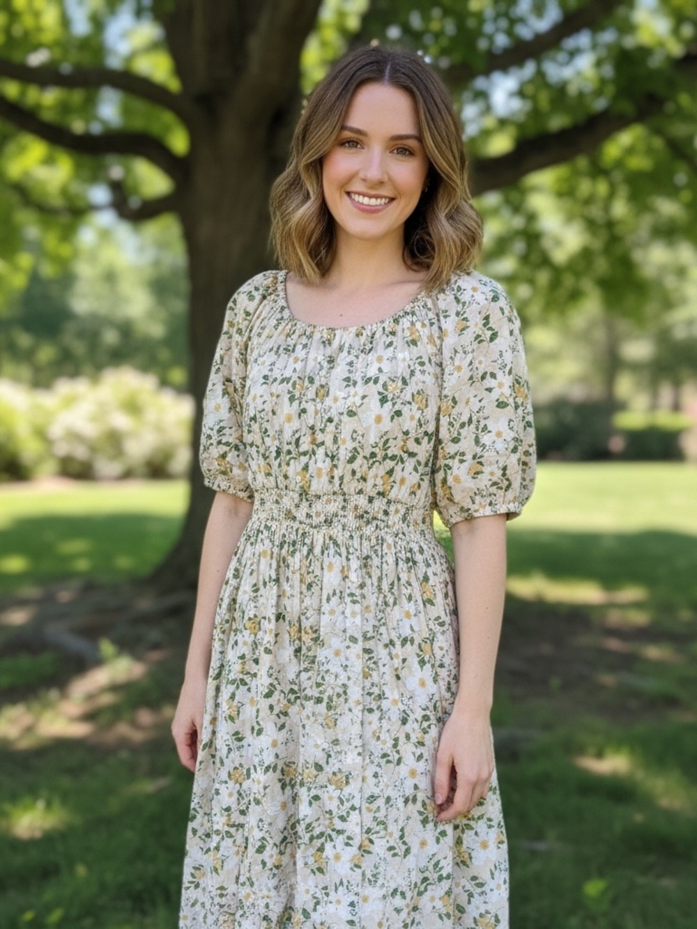 DownEast Cream Floral Midi Dress with Green and Yellow Leaves